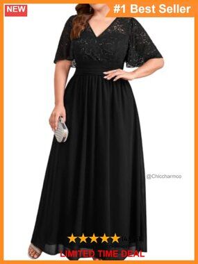 Plus Size Sequin Lace Chiffon Maxi Dress V-Neck Faux Wrap Formal